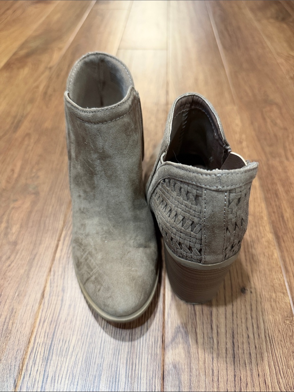Madden Girl Taupe Suede Woven Back Ankle Booties